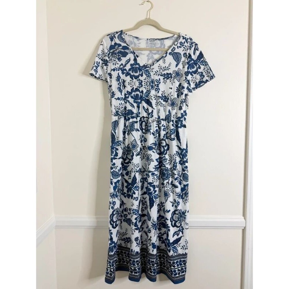 Ofeefan Women’s Large Blue & White Floral V-Neck Maxi Dress